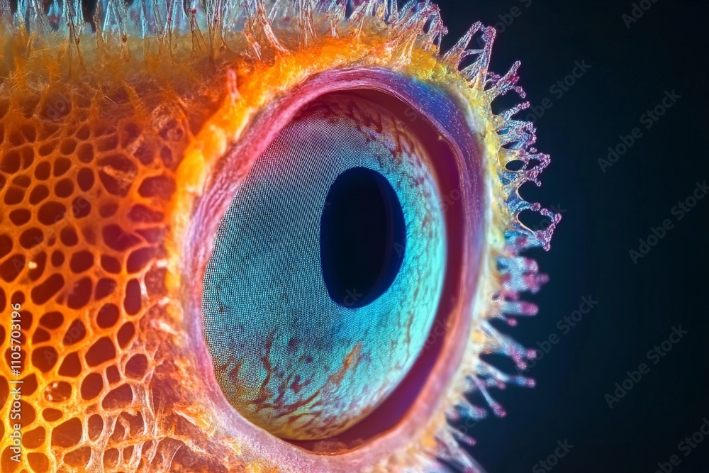 Poster Detailed macro image of a brightly colored eye featuring striking red and blue tones, with intricate textures and captivating patterns, capturing attention.