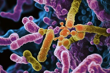 This image features a colorful and diverse collection of intertwined bacteria, highlighting the vivid colors and intricate interactions among these microorganisms.