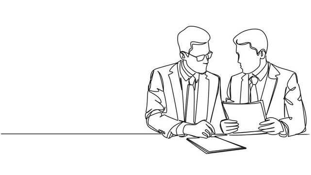 animated continuous single line drawing of two businessmen discussing business report during meeting, line art animation