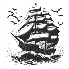 Majestic black and white illustration of a vintage sailing ship navigating stormy waves, accompanied by birds in flight.