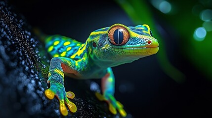Neon Gecko Climbing Glowing Wall in Vibrant Hues of Green and Yellow
