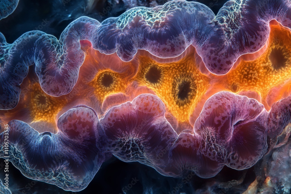 Poster A vivid abstract image showcasing coral-like patterns illuminated with bright orange and purple hues, creating a mesmerizing effect resembling underwater scenes.