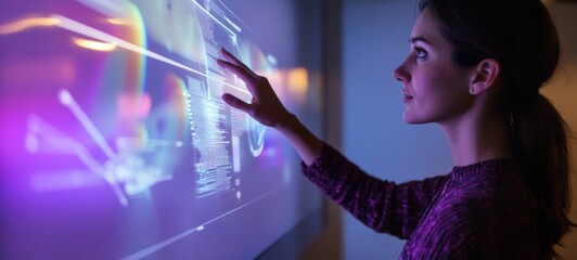 Woman Interacting with Futuristic Holographic Interface