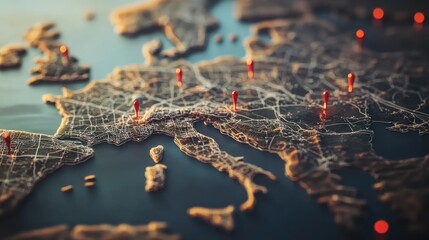 Close-up of a detailed map of Europe with red pushpins marking various locations.