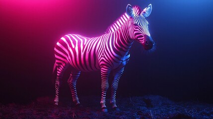 Fototapeta premium Neon Zebra on Dark Background with Striking Contrast and Glowing Stripes