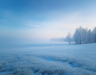 Paysage de campagne sous la neige en hiver, il fait froid, l'herbe et les arbres sont gelés