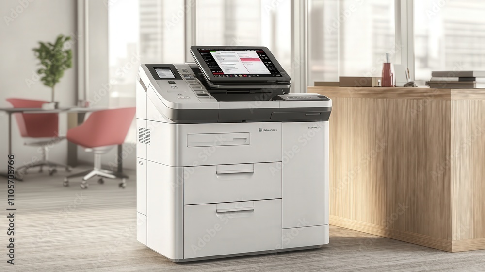 Poster a photocopier machine with a user-friendly touchscreen interface, allowing easy selection of functio