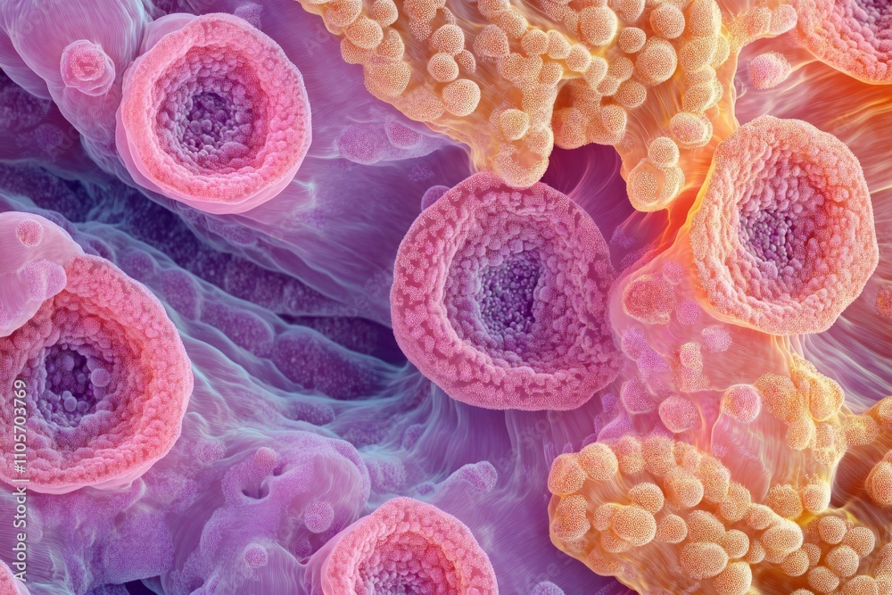 Poster a striking close-up of brightly colored abstract cellular patterns in pink and orange hues, presenti