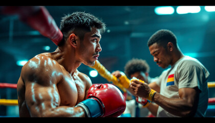 A boxer leans against the ropes in the ring, catching their breath between rounds, surrounded by their coach and team, offering support and encouragement in a tense, high-energy moment.