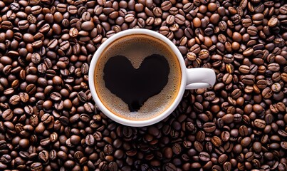 Naklejka premium A coffee bean background with a heart-shaped coffee latte, Generative AI.