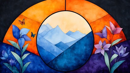 Vibrant Tropical Garden Scene with Colorful Flowers and Butterflies Set Against a Stunning Background of Mountain Peaks and Warm Sunset Colors