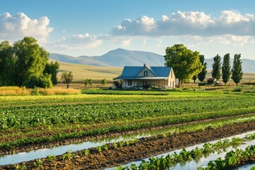 Scenic countryside with a farmhouse surrounded by lush green fields and mountains in the distance