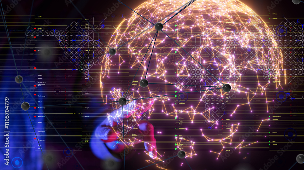 Poster Neural network 3D illustration. Big data and cybersecurity