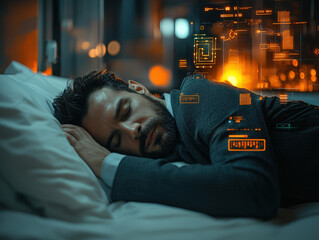 man sleeping peacefully on bed, surrounded by digital elements and glowing lights, representing technology and dreams