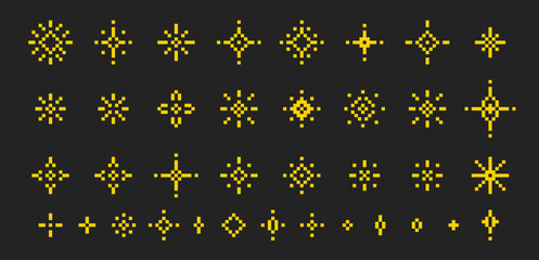Set of pixel star, sparkle, glitter with twinkle effect. Pixel art vector illustration.