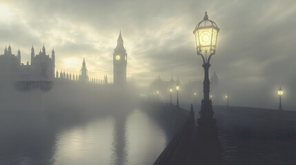 Obraz premium Foggy London Skyline with Big Ben and Lampposts