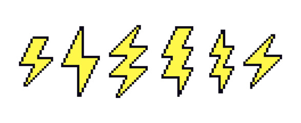 Set of lightning bolt, thunder, electric or weather icon in pixel art style. 3d retro vector illustration.