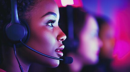A focused individual wearing a headset, immersed in a digital environment, with vibrant colors reflecting a modern tech atmosphere.