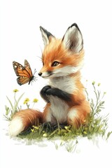 Obraz premium Orange fox kit, butterfly, wildflowers, serene scene.