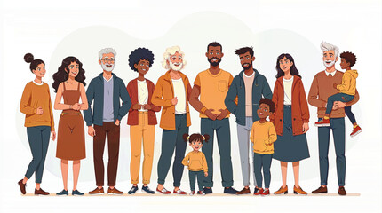 Fototapeta premium People of different cultures and races on a white background. Men and women young and old, along with children and people with disabilities, join together in joy. Illustration