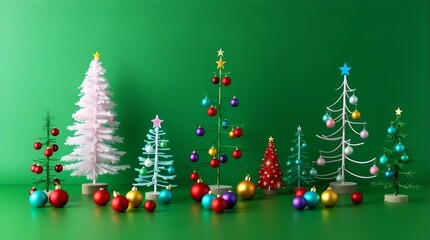 Front View of Miniature Christmas Trees with Colorful Ornaments on Green Background, Soft Lighting, Minimalist Style, Festive and Cheerful Mood, Smooth Surface Texture, Still Life, Indoor Setting