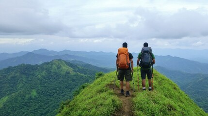 Two hikers stand atop a lush green hill, overlooking a vast mountainous landscape under a cloudy sky.