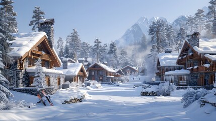 Naklejka premium A serene Swiss village blanketed in snow beneath a clear blue sky, with sunlit rooftops, icicles, and snow-covered trees 