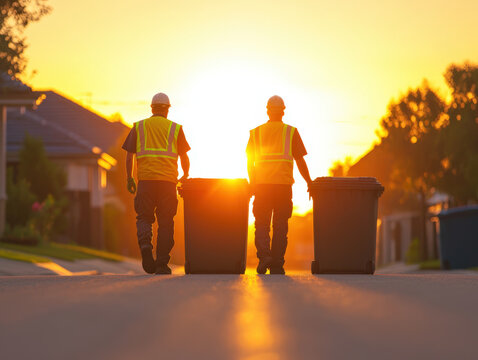 Two workers in reflective jackets walking towards sunset, carrying trash bins. scene captures serene moment in residential area, highlighting their dedication