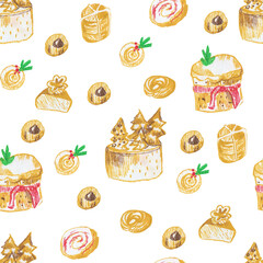 Seamless pattern with Christmas food on white isolated background hand drawn with wax crayons. New Year elements with oil pastels.