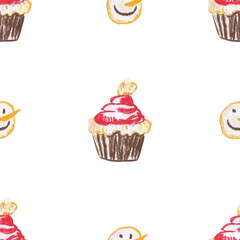 Seamless pattern with Christmas food on white isolated background hand drawn with wax crayons. New Year elements with oil pastels.