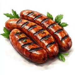 Grilled sausages garnished with fresh herbs on white background.