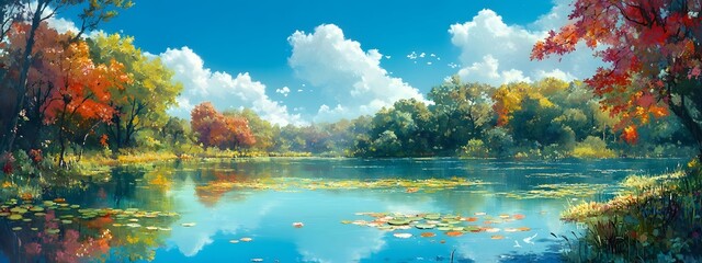 A serene lake with clear, crystal-clear waters surrounded by lush greenery and vibrant autumn foliage reflecting in the water's surface