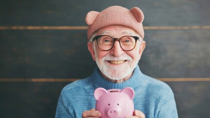 A cheerful elderly man wearing a pink pig hat holds a piggy bank, radiating joy against a wooden background.