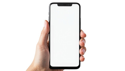Hand Holding Modern Smartphone With Blank White Screen Display, Transparent Background.
