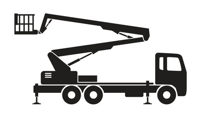 simple cherry picker boom lift truck construction vehicle silhouette side view icon symbol vector isolated on transparent background