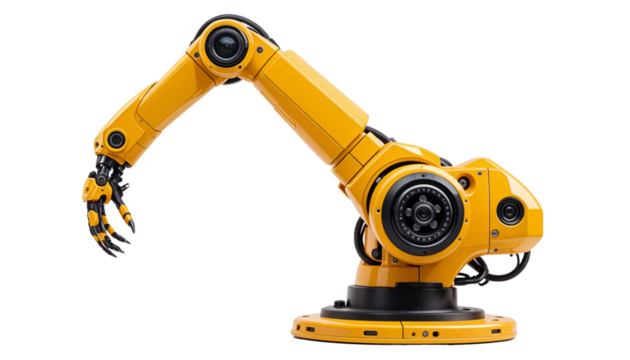 Yellow Industrial Robotic Arm on transparent Background