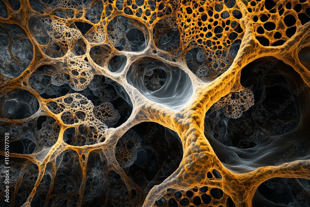 Aufkleber This image showcases a complex, golden-hued network of organic patterns resembling cellular structures, capturing the essence of intricate natural design and connectivity.