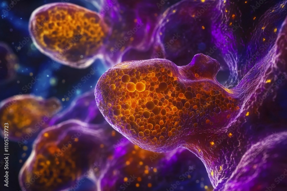 Poster A vibrant image illustrating abstract golden cellular formations, emphasizing growth and transformation, creating an immersive visual experience of life's complexity.