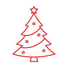 Christmas tree icon, simple red outline, minimalist design, white background, star topper, ornament circles, festive illustration, clean lines, holiday symbol, vector graphic style