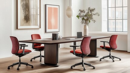 Fototapeta premium A rectangular conference table with a dark wood finish, paired with ergonomic chairs in a bright, open office.