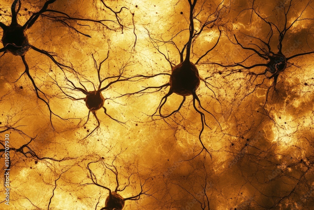 Poster This captivating image showcases an intricate network of interconnected neurons, glowing against a vibrant background, illustrating the complexity of neural pathways.