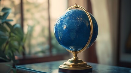 A Blue Globe Sits on a Glass Table Near a Window