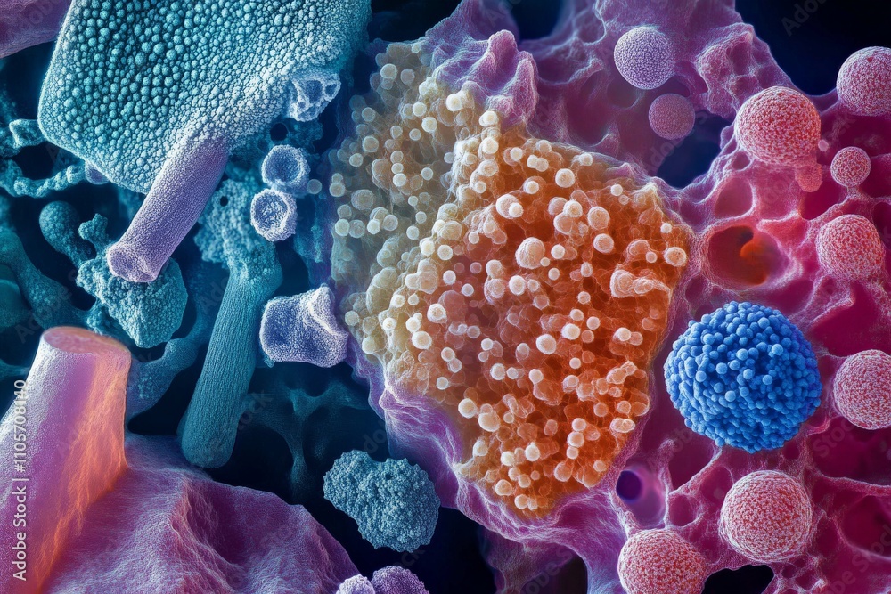 Poster Intricate cellular forms create a stunning abstract composition, with vibrant colors contrasting against each other to give an impression of microscopic life.
