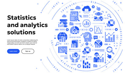 Vector conceptual illustration related to statistics, data analytics, infographic. Solid doodle banner or background for website or mobile app