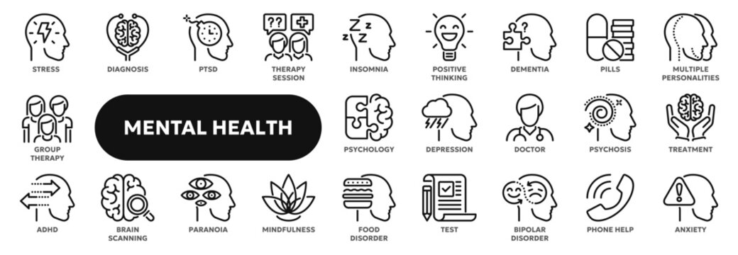 Set of vector line icons related to mental health therapy, psychology, depression and anxiety. Symbols for website or app ui, logo design, illustration