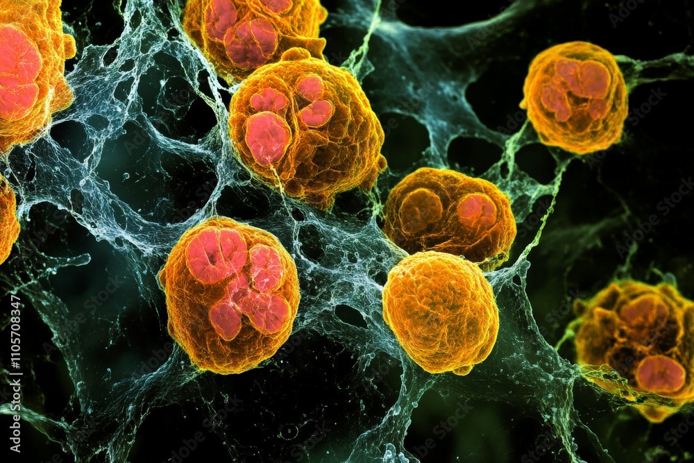 Poster microscopic image showing colorful bacterial colonies wrapped in biofilm with a contrast between ora