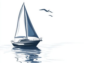 Fototapeta premium A single sailboat glides on still water, accompanied by seagulls under a clear sky, depicting tranquility and adventure in a marine setting. Detailed line style art.