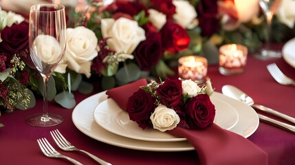 薔薇の花が飾られた高級感のあるウェディングテーブル