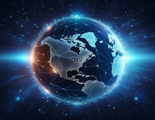 Fototapeta premium Holographic Earth within a blue geometric wireframe, set against a deep space background