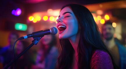 A beautiful young woman with long black hair sings into the microphone at a karaoke bar